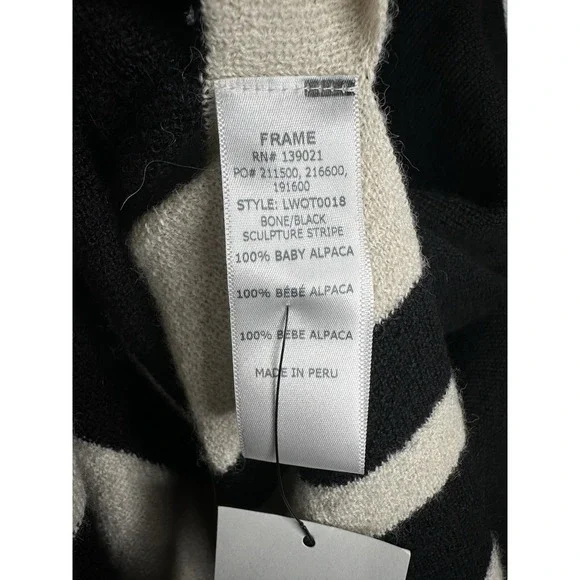 FRAME Baby Alpaca Poncho Block Striped Fringe Black Bone Hooded Cape Cozy Knit - Picture 8 of 10